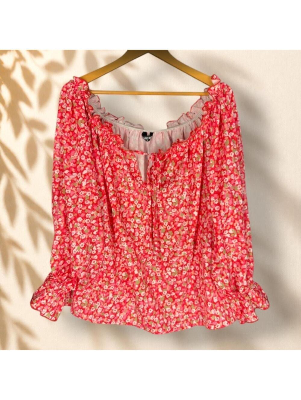 Chicme Blouse Women XL Red Floral Tasseled Long Sleeve Round Neck Casual